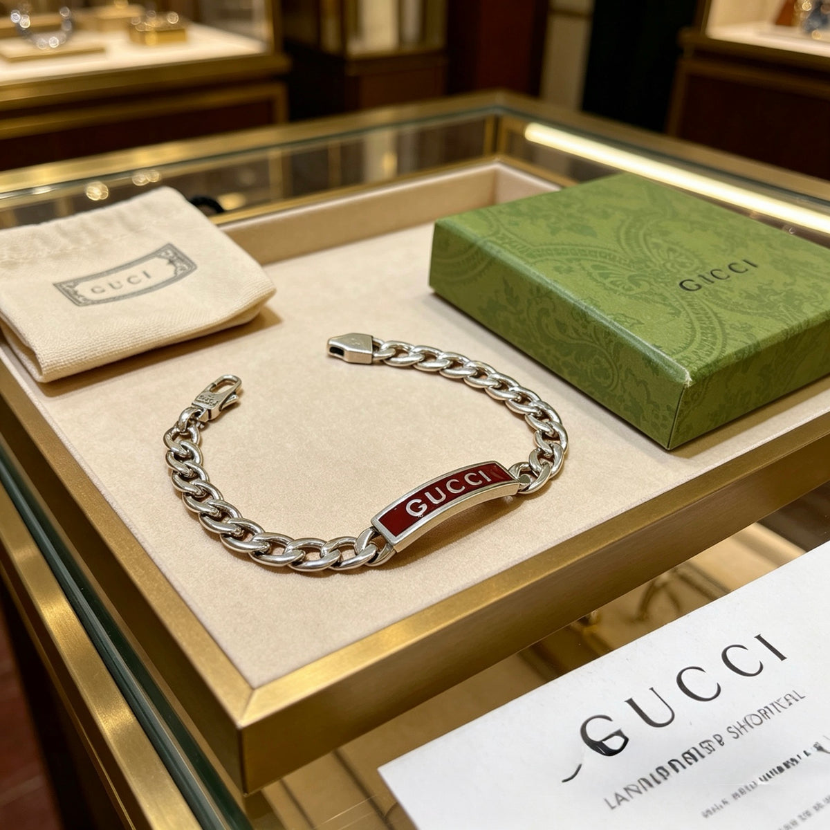 Gucci Silver-Tone Plaque Chain Bracelet with Red Detail - album image 5