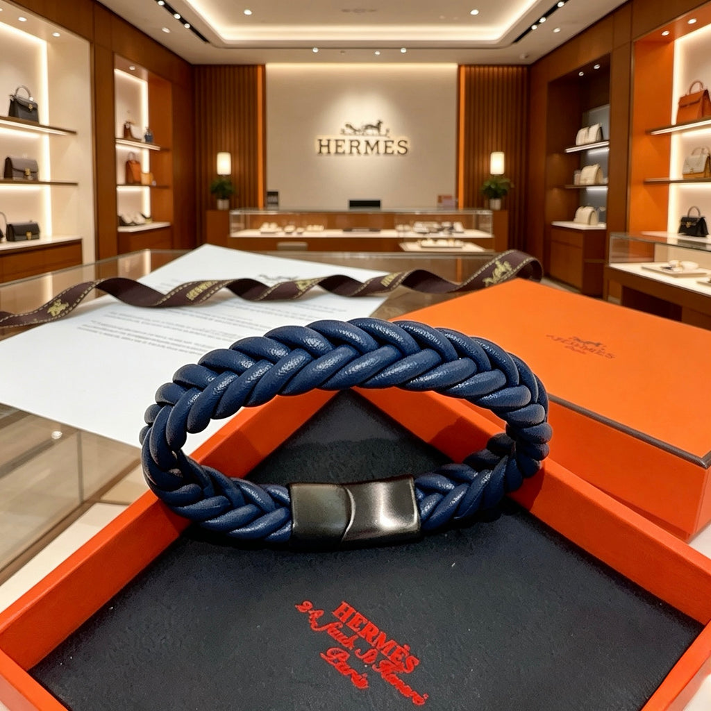 Hermès Navy Braided Leather Bracelet - album image 4