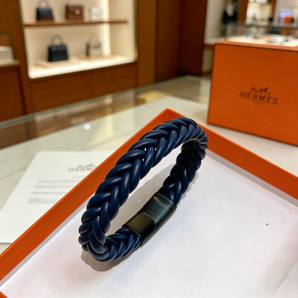 Hermès Navy Braided Leather Bracelet - album image 9