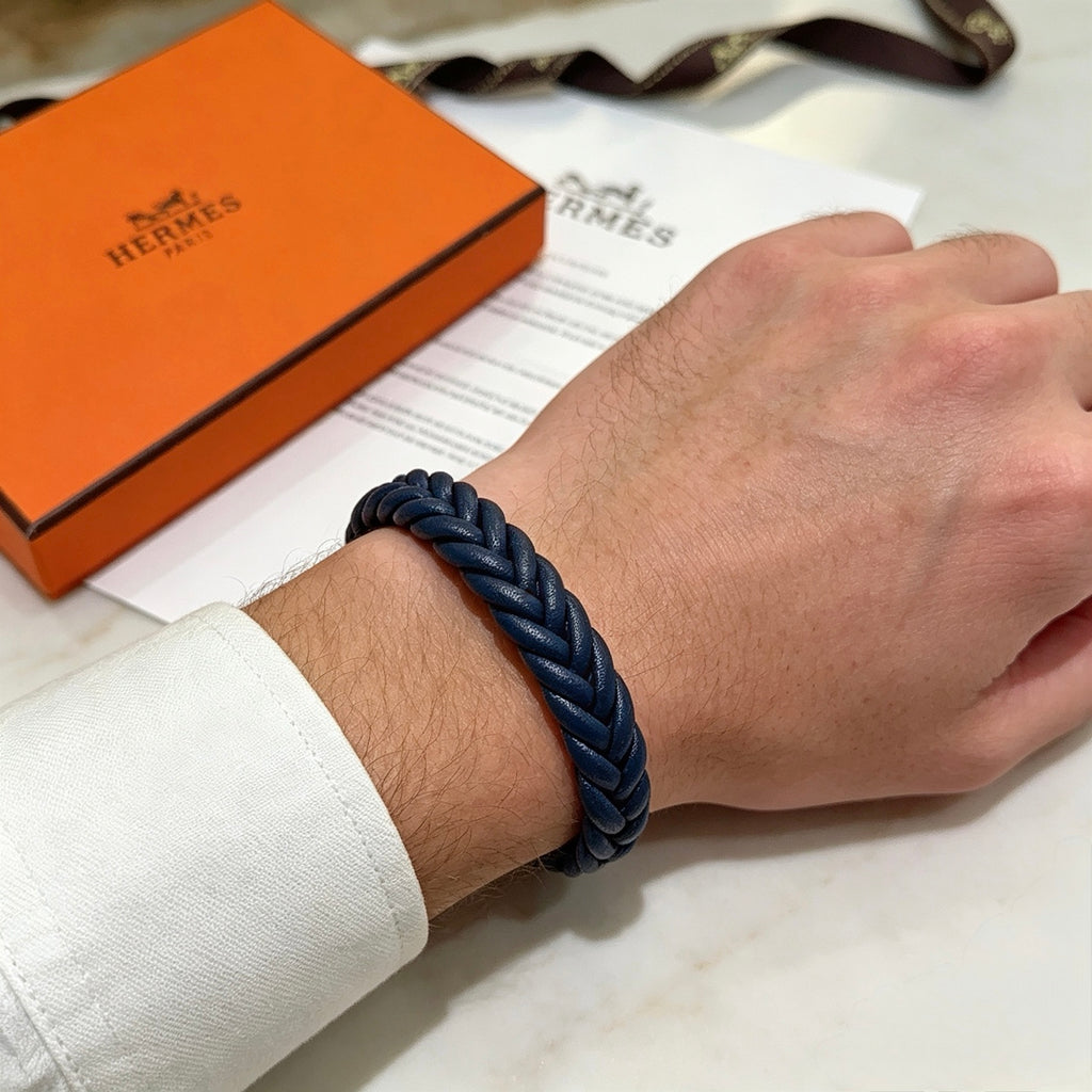 Hermès Navy Braided Leather Bracelet - album image 6