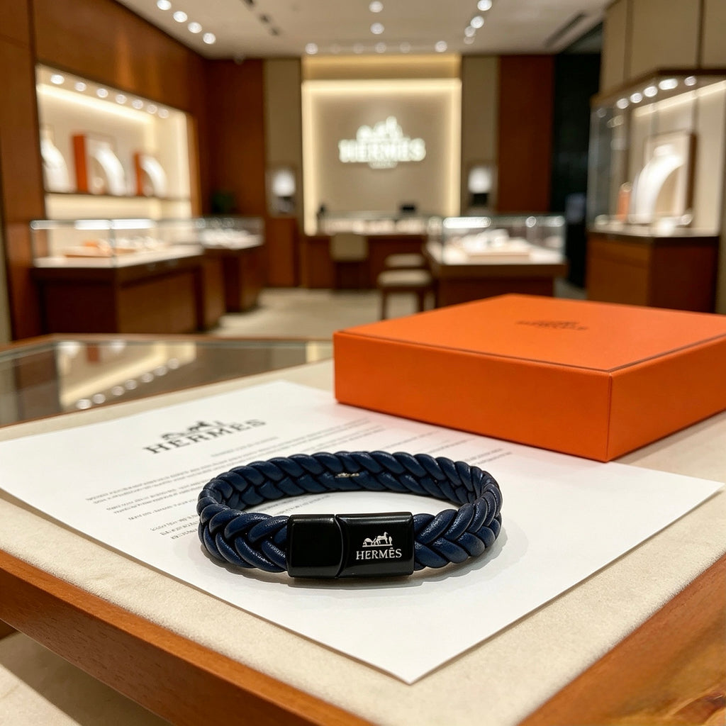 Hermès Navy Braided Leather Bracelet - album image 5