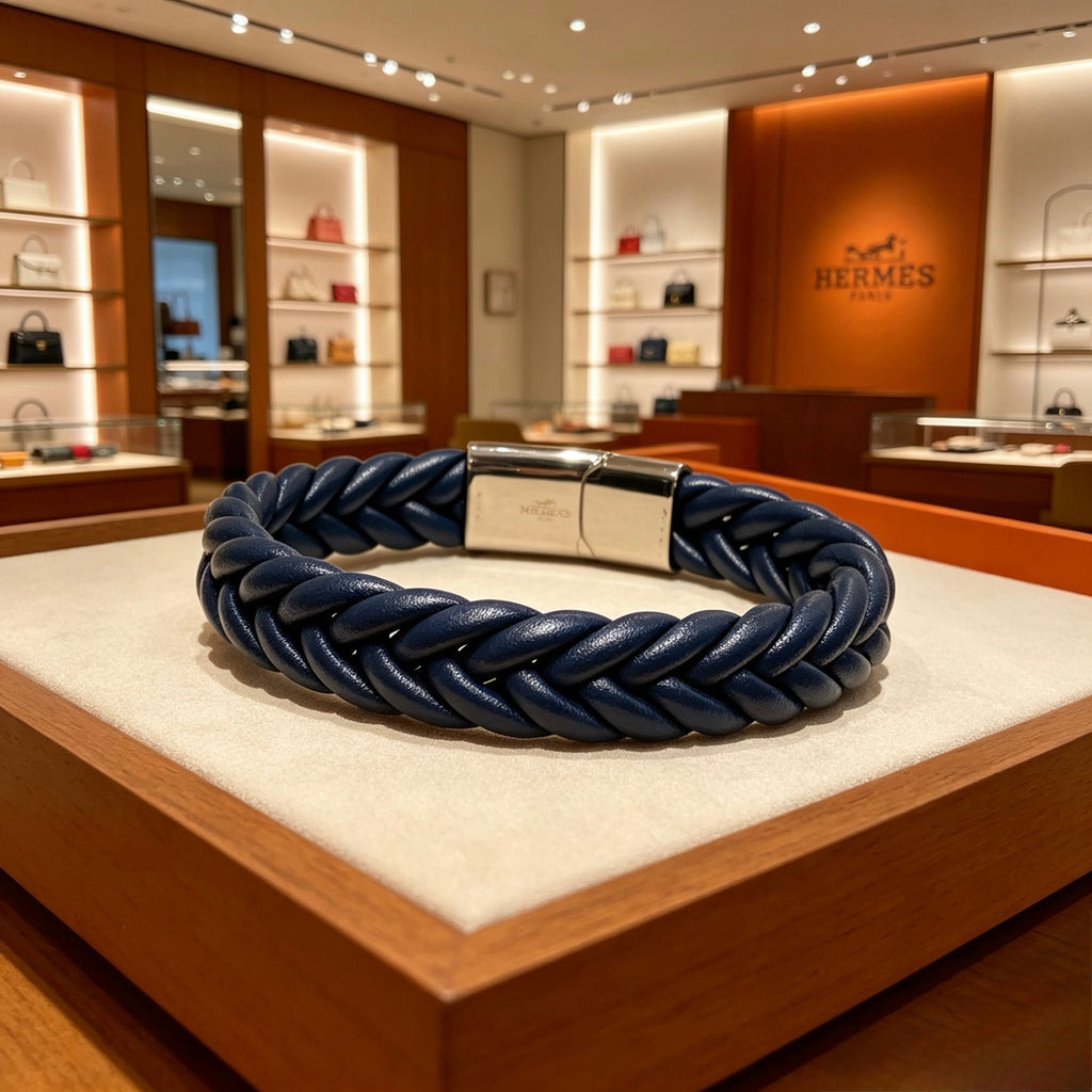 Hermès Navy Braided Leather Bracelet - album image 2