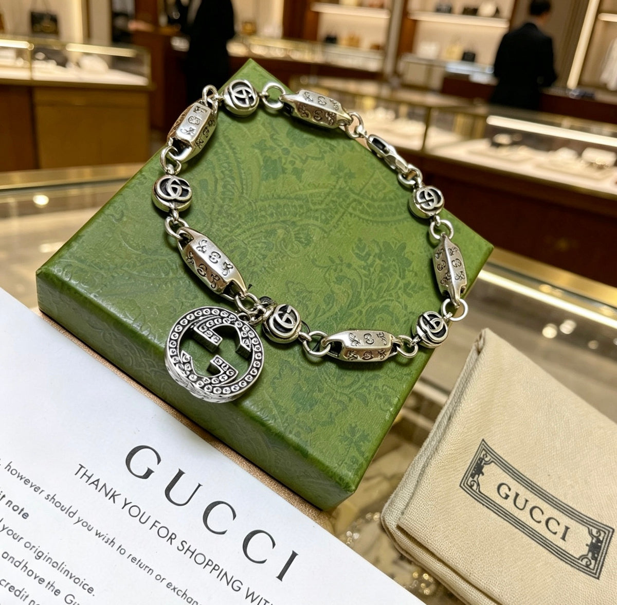 Gucci Silver-Tone Rectangular Link Bracelet with Medallion Charm - album image 7