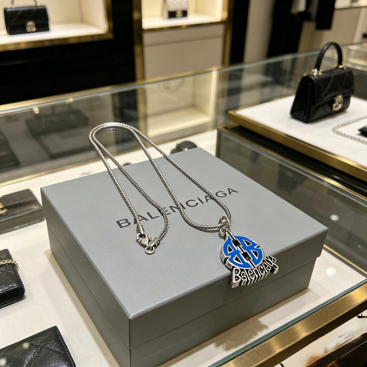 Balenciaga Silver-Tone Blue Teardrop Pendant Necklace - album image 2