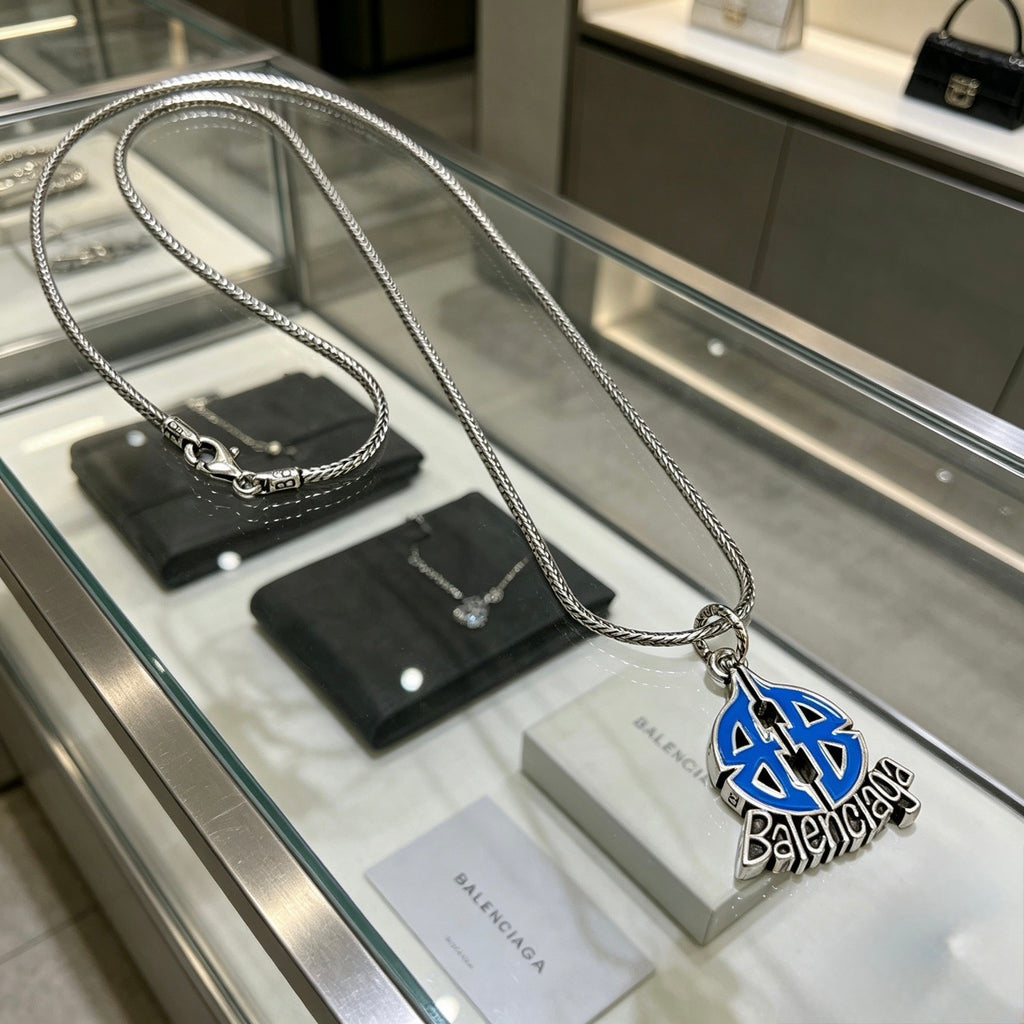 Balenciaga Silver-Tone Blue Teardrop Pendant Necklace - album image 5