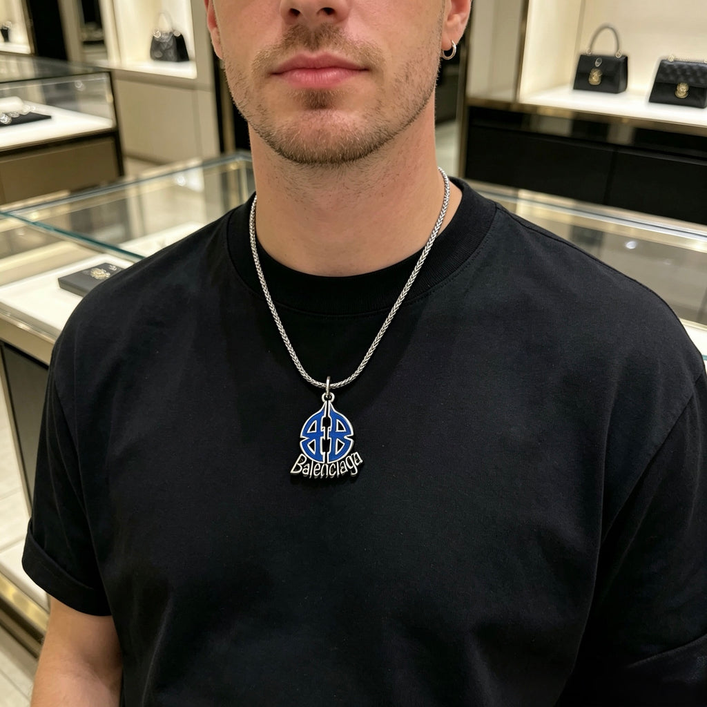 Balenciaga Silver-Tone Blue Teardrop Pendant Necklace - album image 6