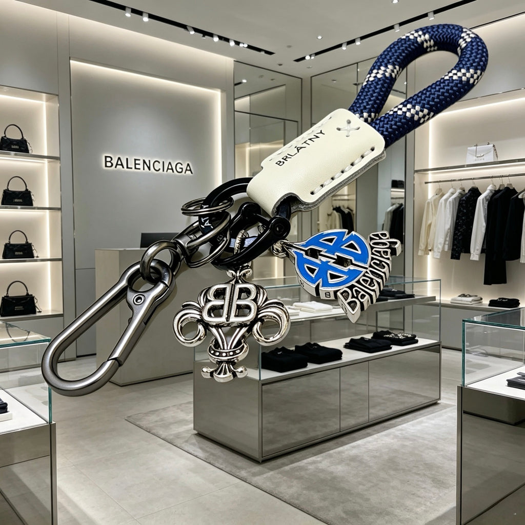 Balenciaga Silver-Tone BB and Blue Charm Keychain - album image 4