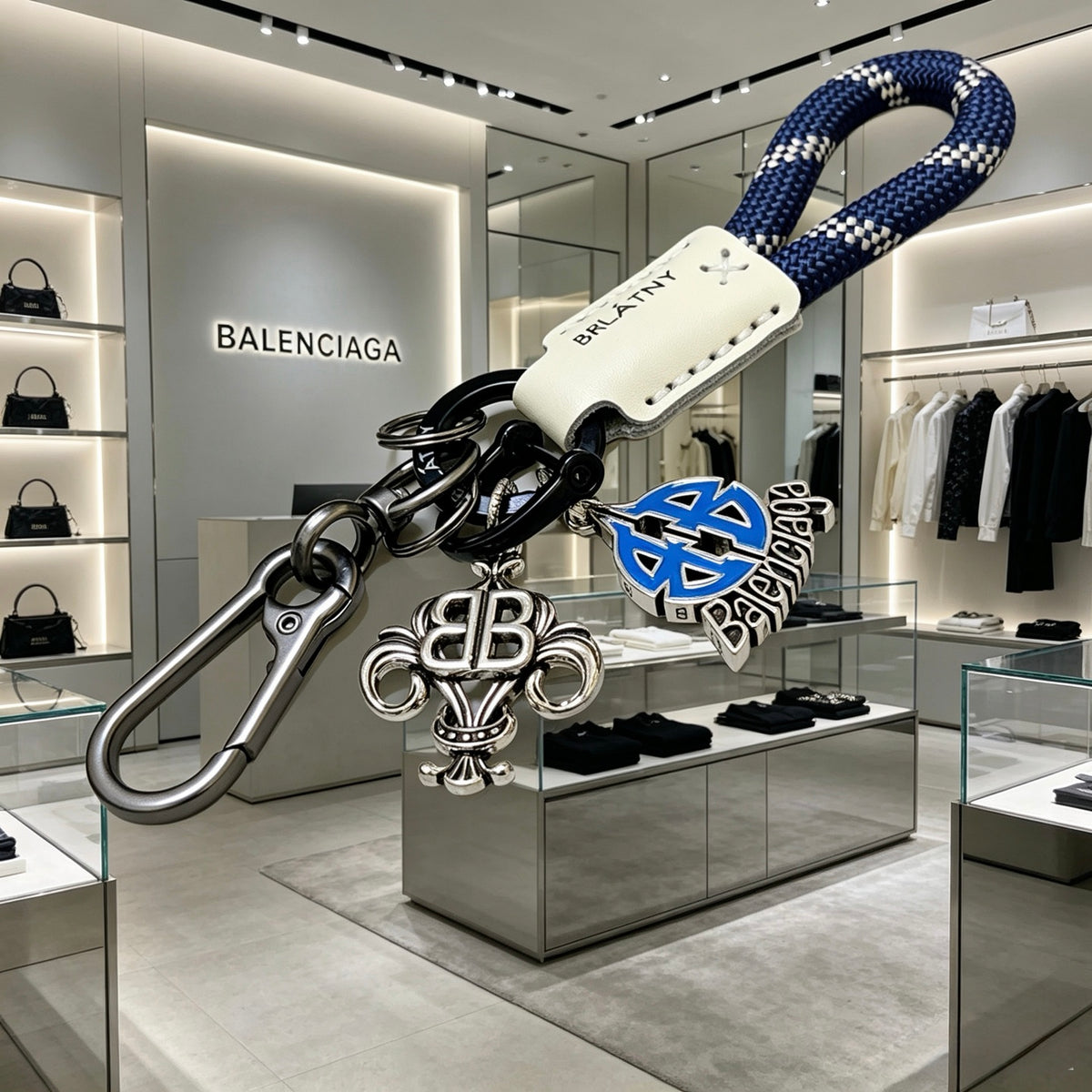 Balenciaga Silver-Tone BB and Blue Charm Keychain - album image 4