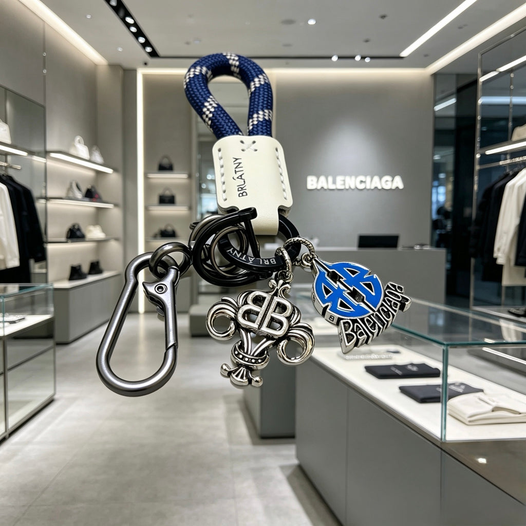 Balenciaga Silver-Tone BB and Blue Charm Keychain - album image 2