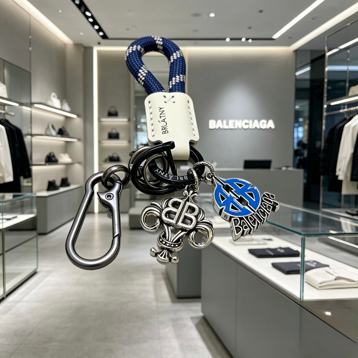 Balenciaga Silver-Tone BB and Blue Charm Keychain - album image 2