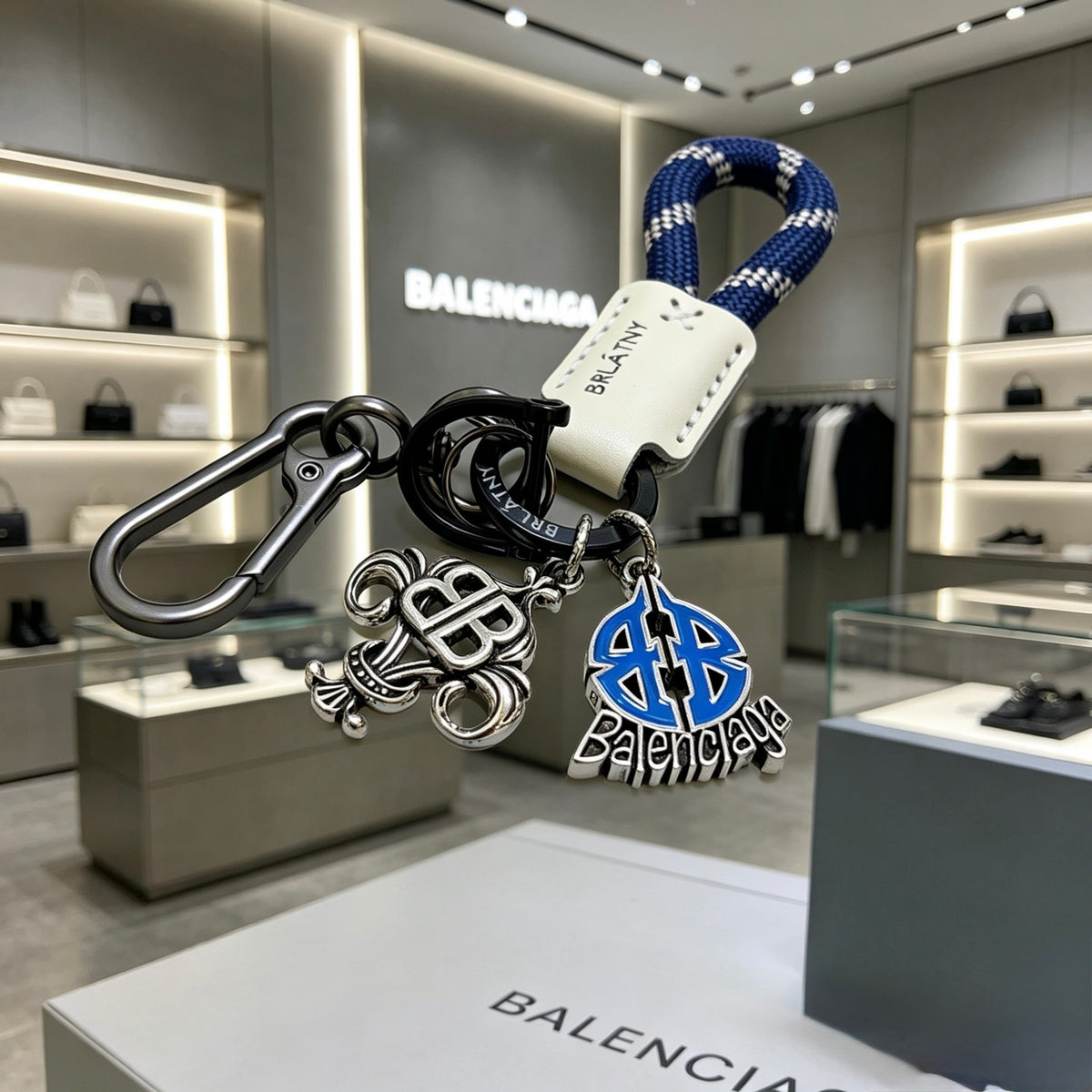 Balenciaga Silver-Tone BB and Blue Charm Keychain - album image 6