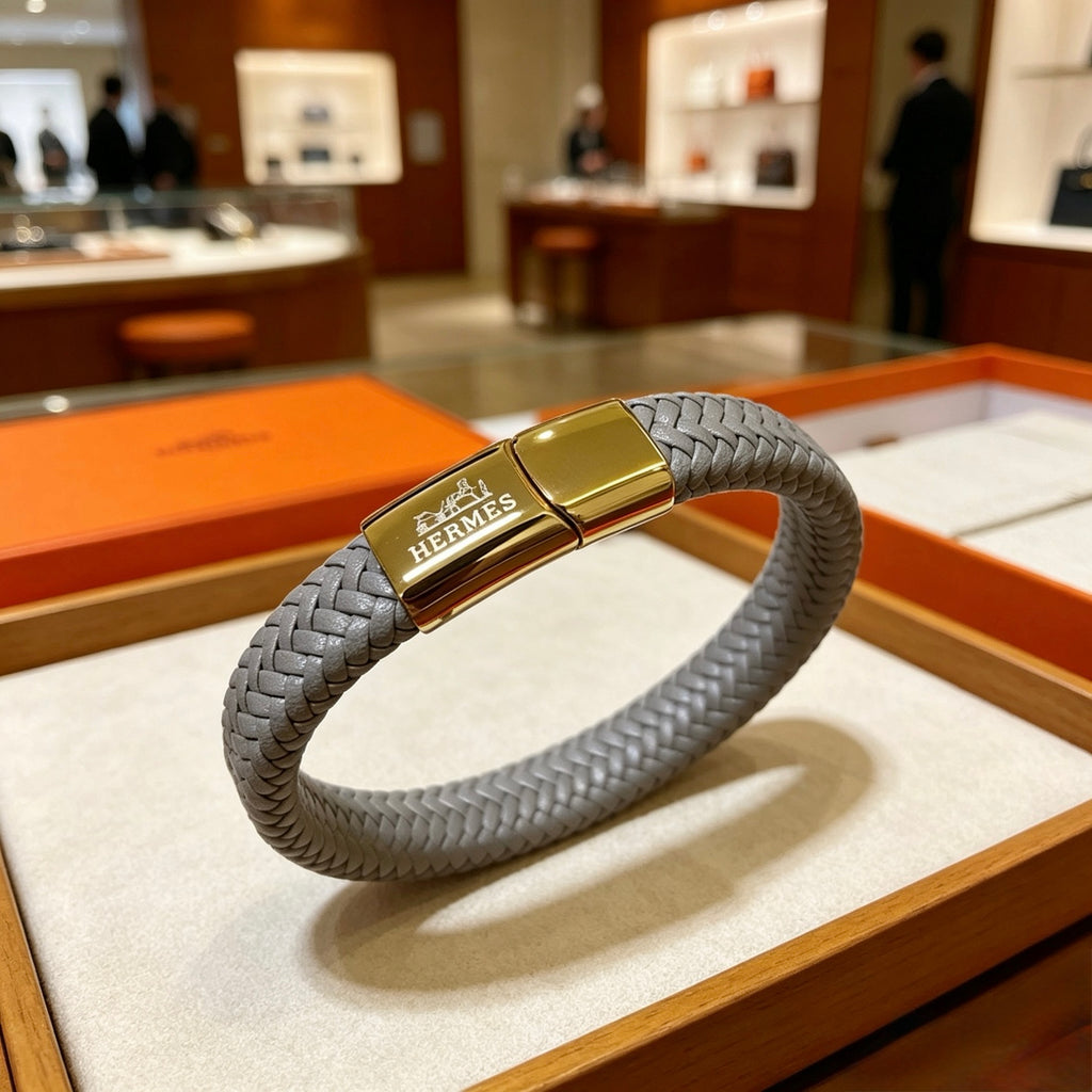 Hermès Black Braided Leather Gold-Tone Clasp Bracelet - album image 5