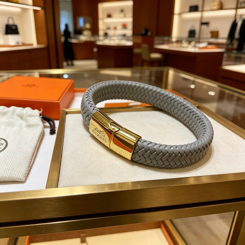 Hermès Black Braided Leather Gold-Tone Clasp Bracelet - album image 8