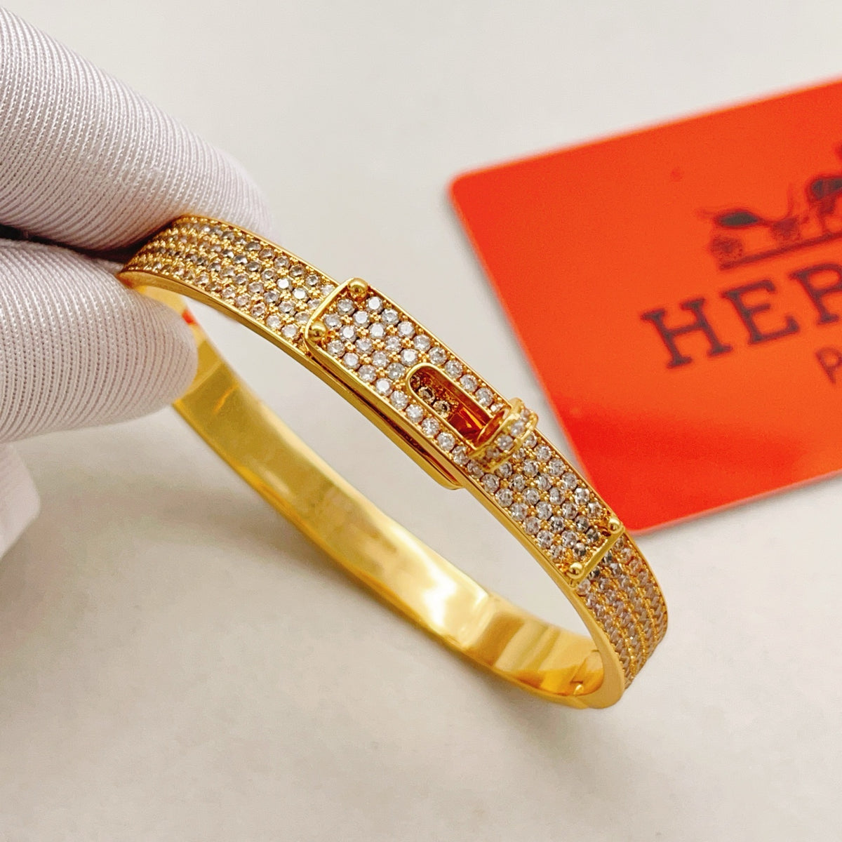 Hermès Gold-Tone Crystal Red Enamel H-Clasp Bangle - album image 4