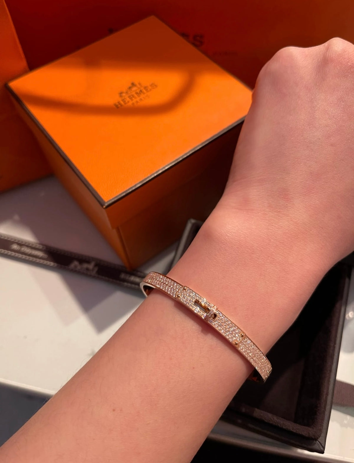 Hermès Rose Gold-Tone Orange Printed H-Clasp Bangle - album image 9
