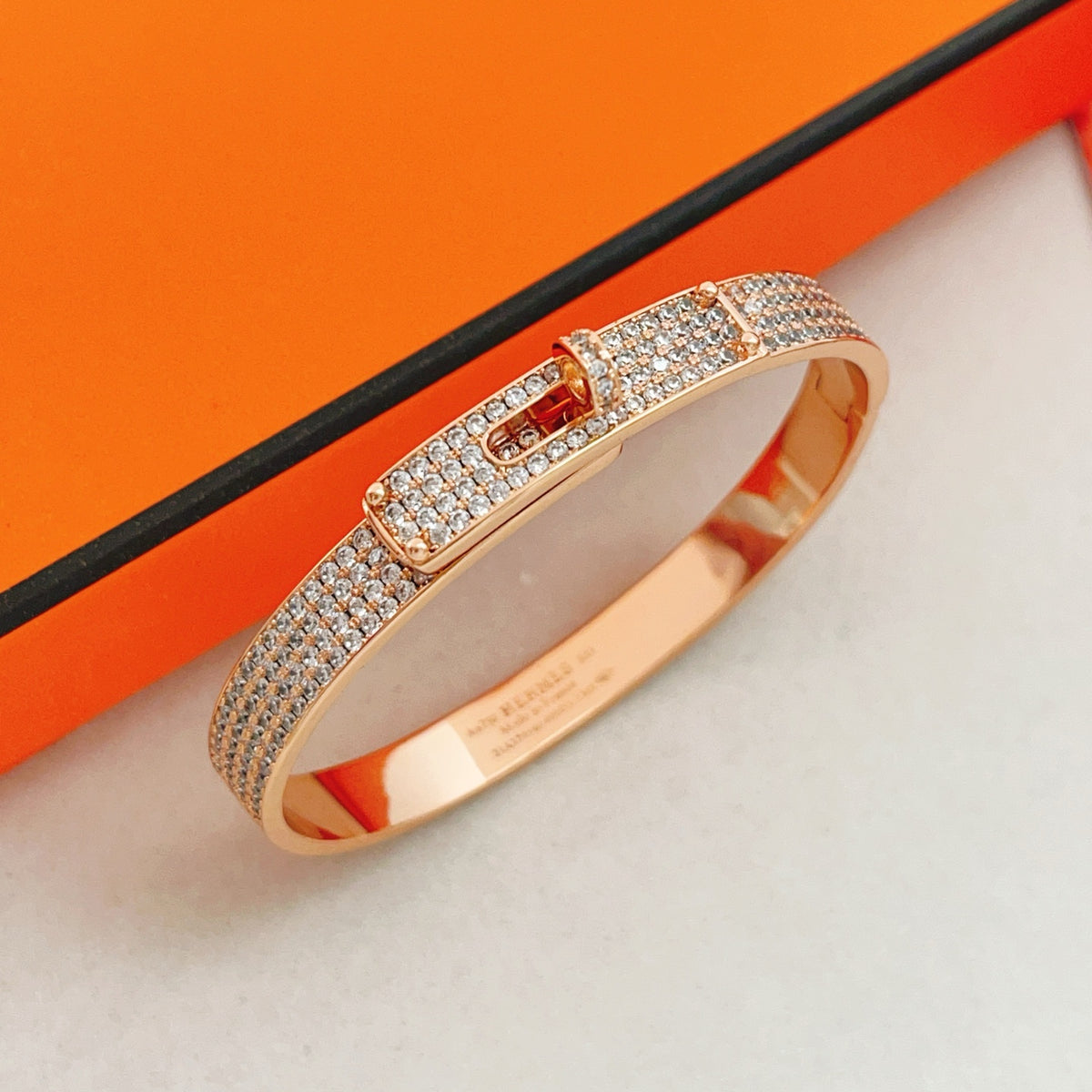 Hermès Rose Gold-Tone Crystal Red Enamel H-Clasp Bangle - album image 1