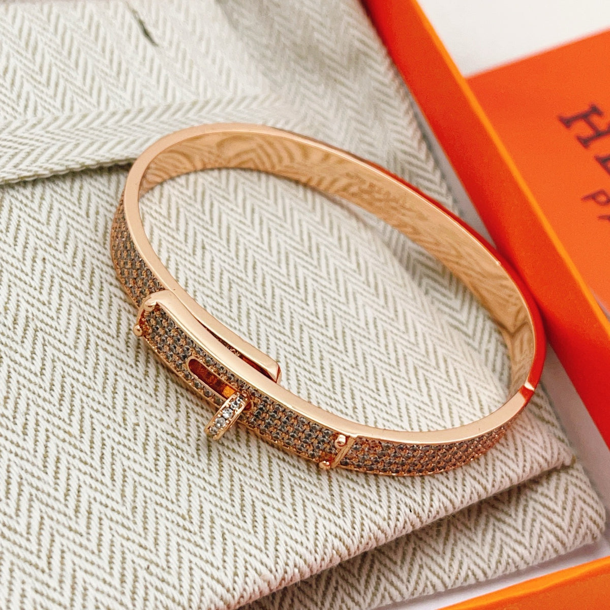 Hermès Rose Gold-Tone Crystal Red Enamel H-Clasp Bangle - album image 4