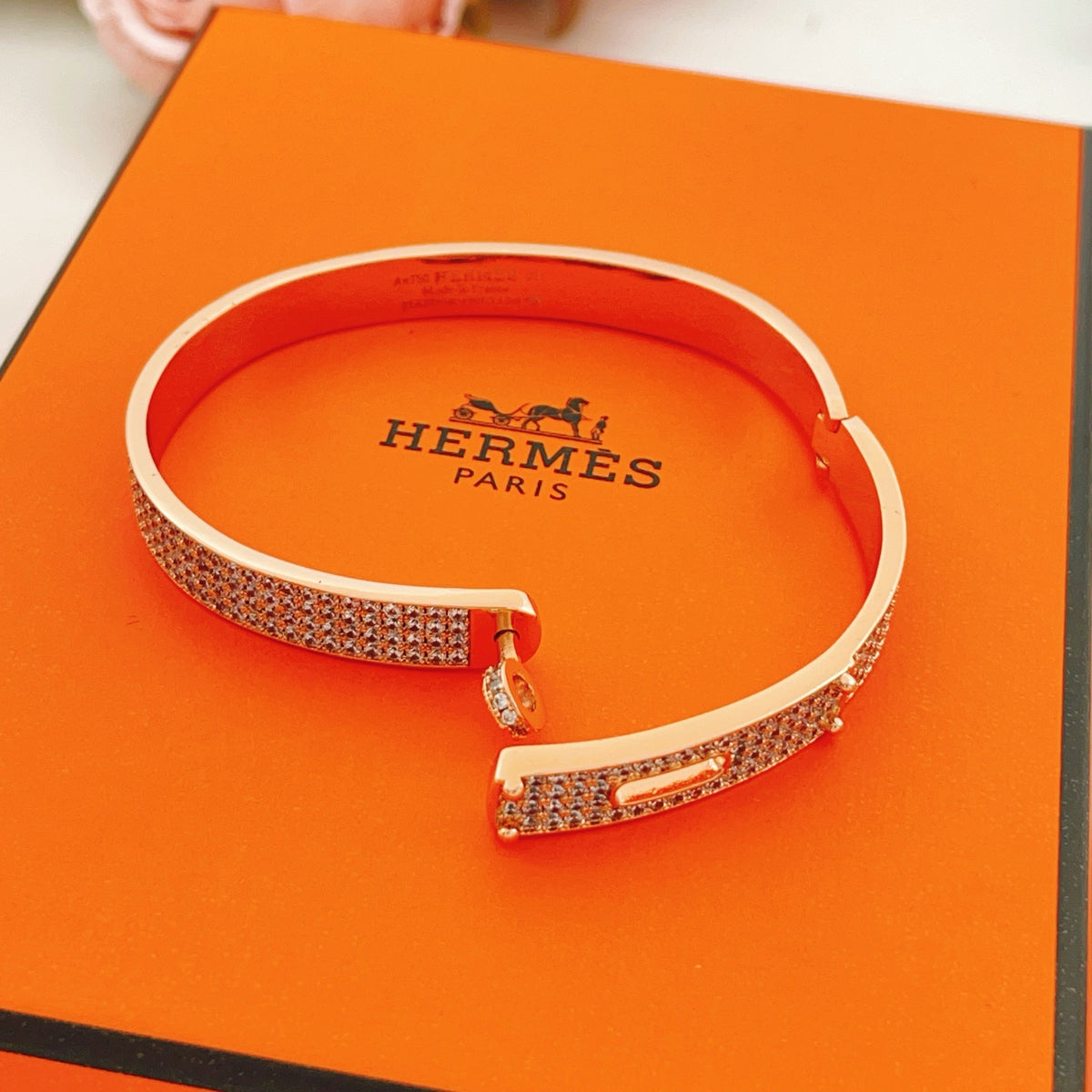 Hermès Rose Gold-Tone Crystal Red Enamel H-Clasp Bangle - album image 5