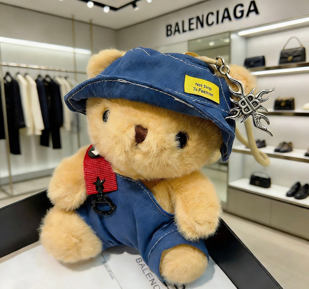 Balenciaga Beige Teddy Bear Plush Keychain with Blue Hat - album image 5