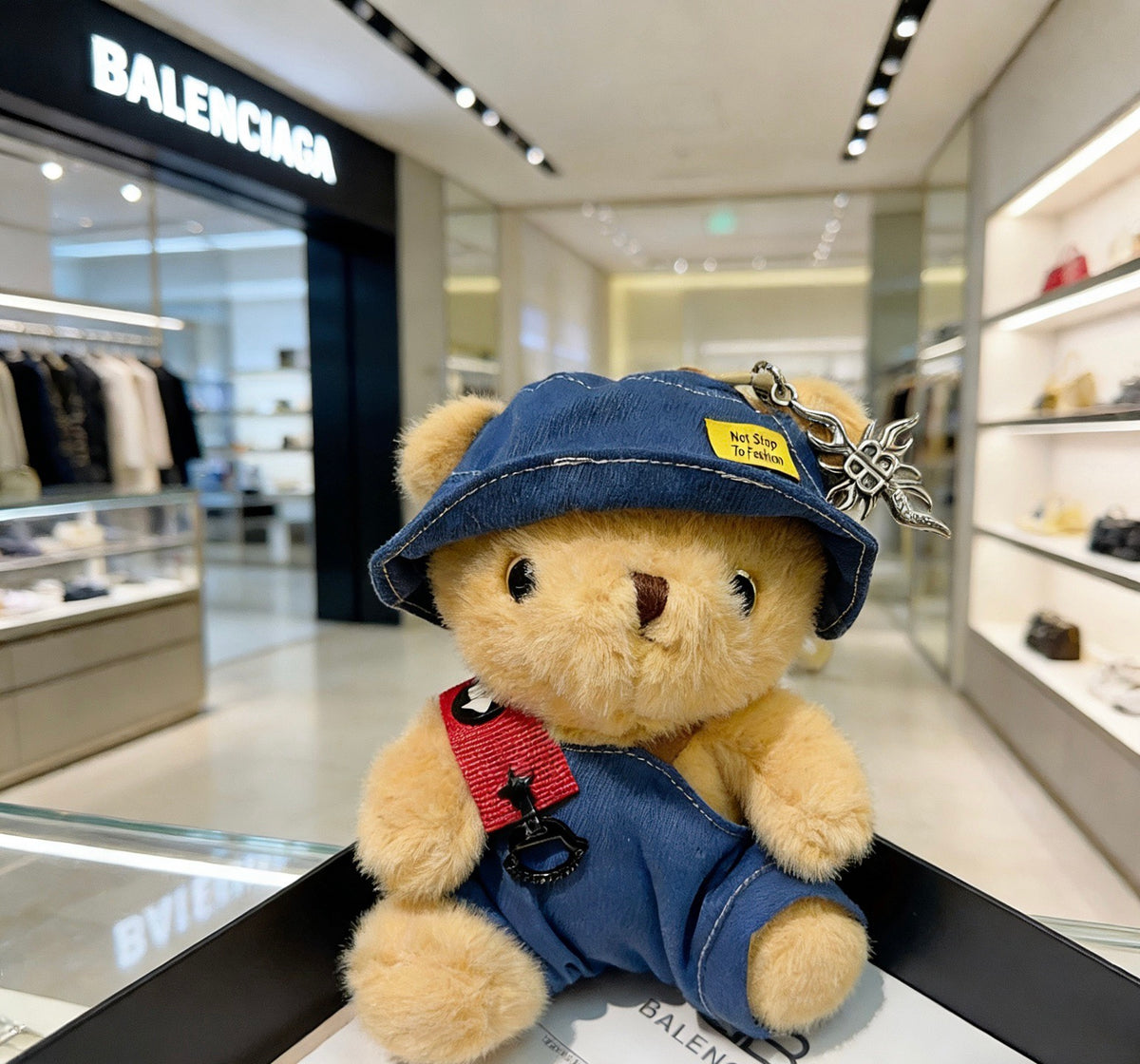 Balenciaga Beige Teddy Bear Plush Keychain with Blue Hat - album image 6