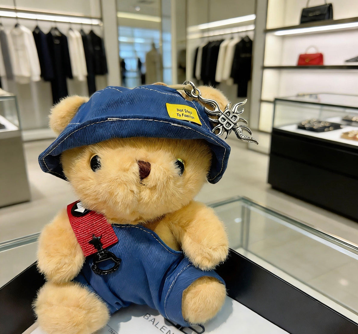 Balenciaga Beige Teddy Bear Plush Keychain with Blue Hat - album image 3
