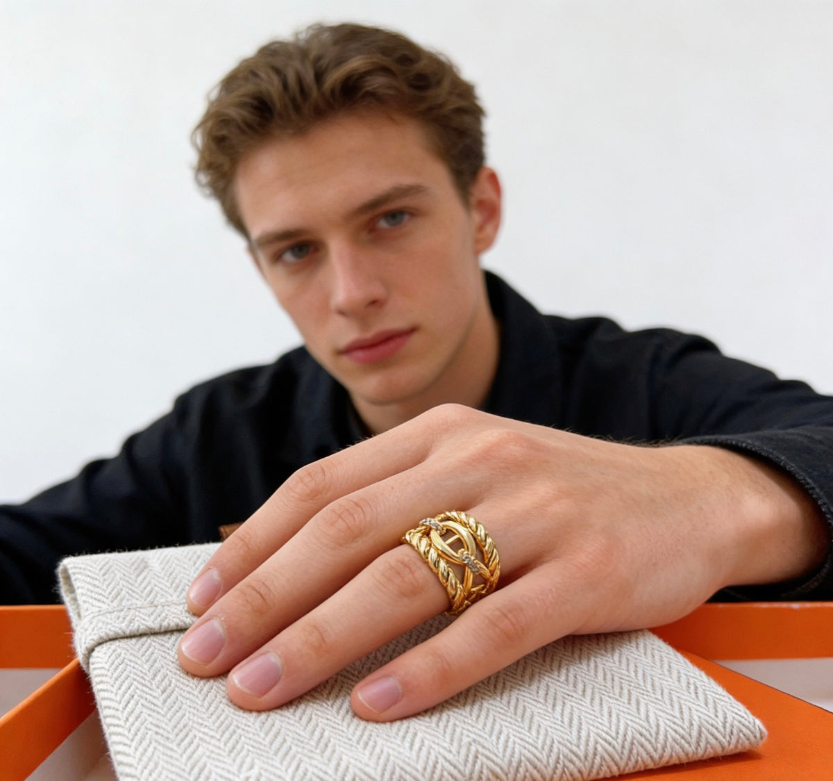 Hermès Gold-Tone Wide Textured Anchor-Link Ring - album image 3