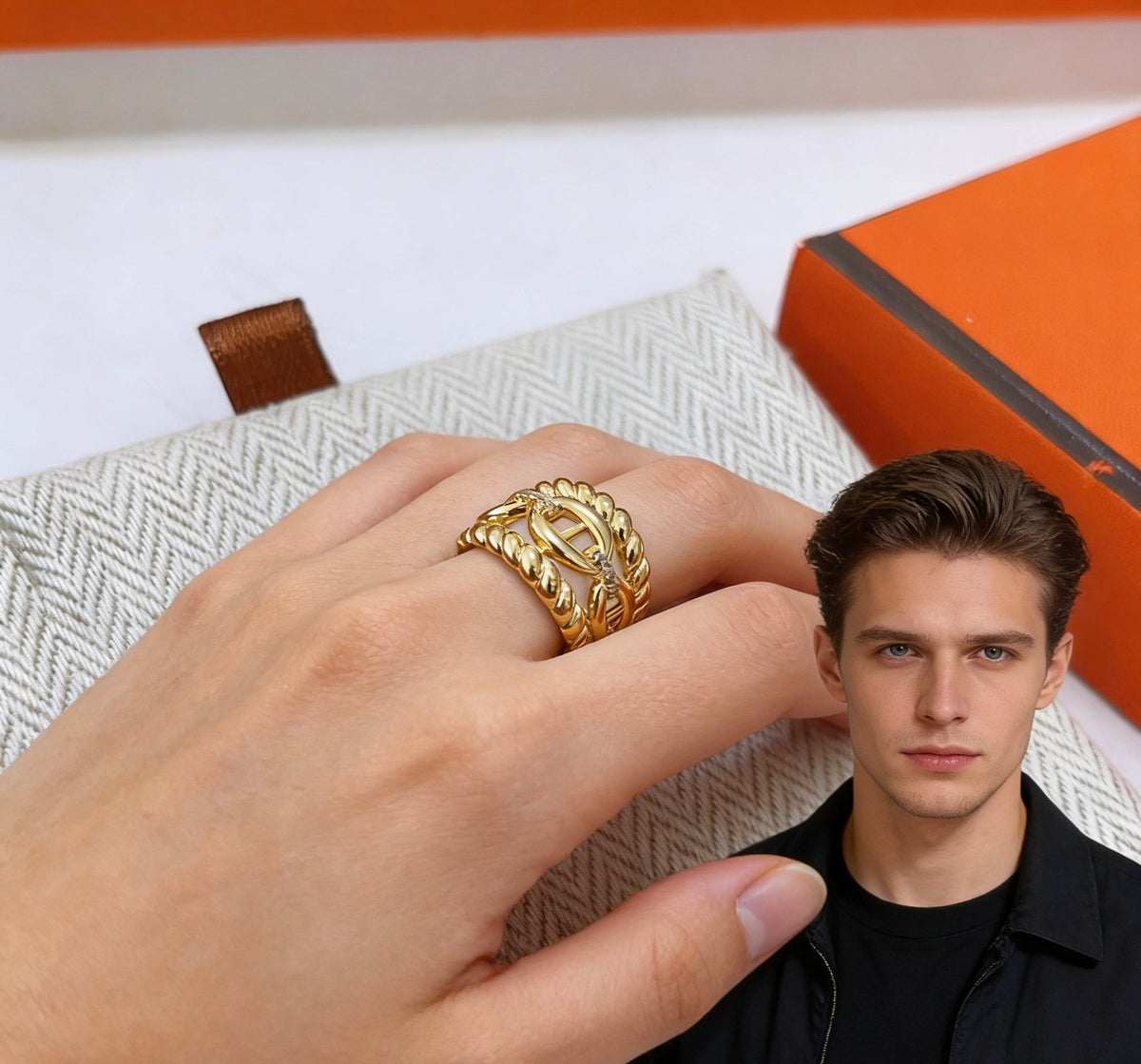 Hermès Gold-Tone Wide Textured Anchor-Link Ring - album image 6