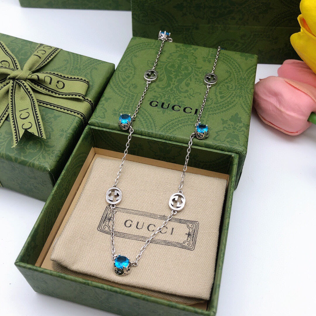 Gucci Silver-Tone Blue Crystal Station Necklace - album image 2