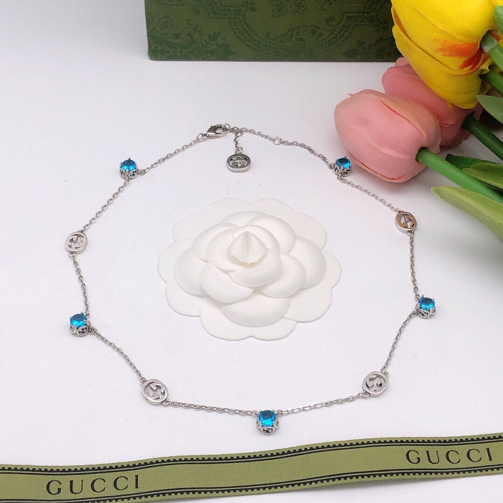 Gucci Silver-Tone Blue Crystal Station Necklace - album image 3