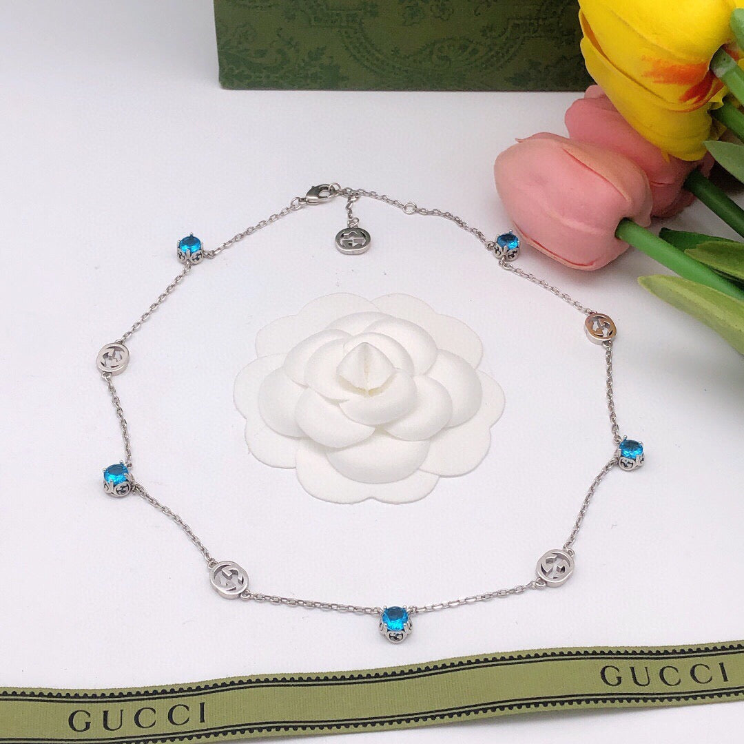 Gucci Silver-Tone Blue Crystal Station Necklace - album image 3