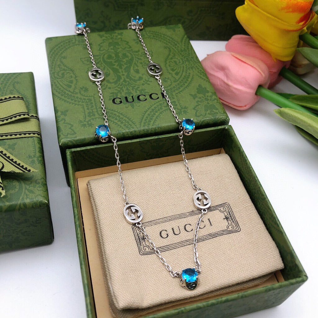 Gucci Silver-Tone Blue Crystal Station Necklace - album image 4