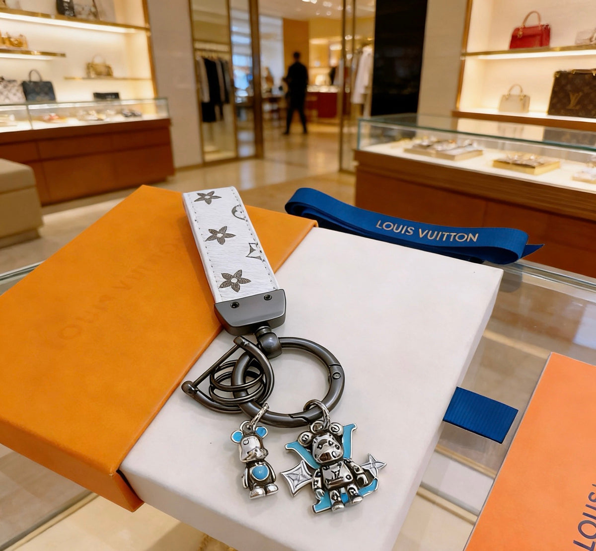 Louis Vuitton White Strap Keychain with Monogram Pendants - album image 3