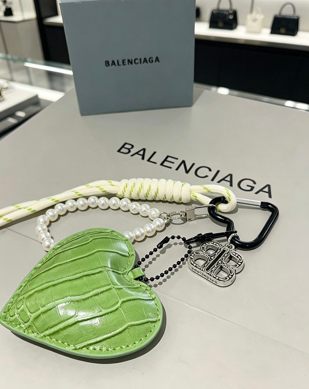 Balenciaga Green Heart Charm Cord Keychain - album image 2