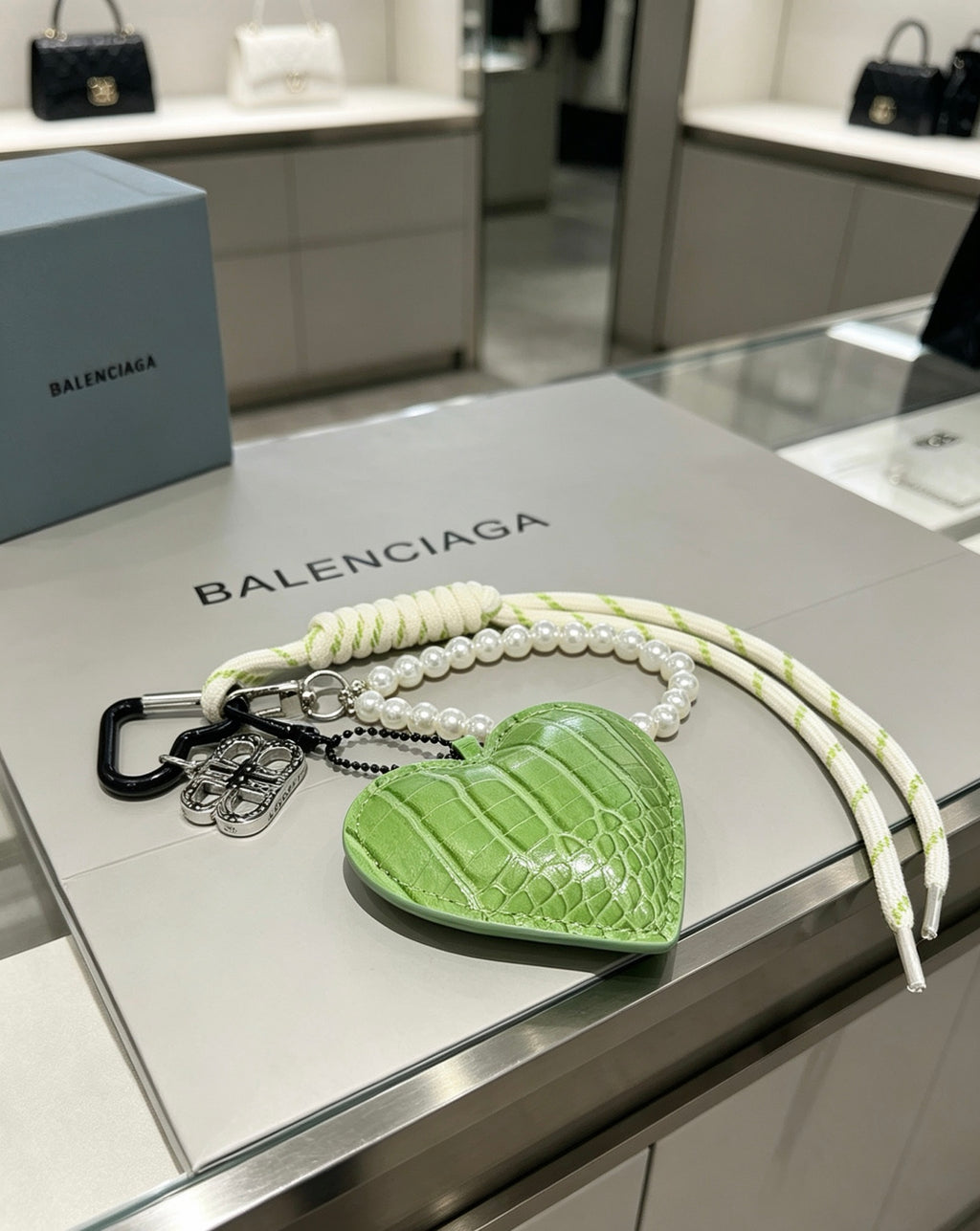 Balenciaga Green Heart Charm Cord Keychain - album image 1