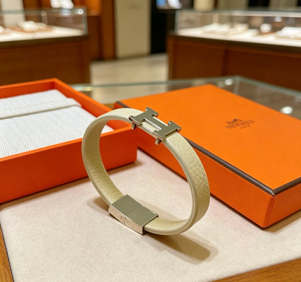 Hermès White Leather Silver-Tone H Bracelet - album image 1