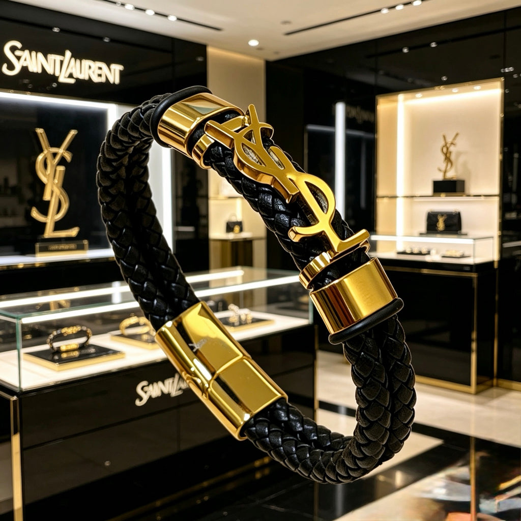 Saint Laurent Black Leather Gold-Tone Monogram Bracelet - album image 5