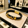 Saint Laurent Black Leather Gold-Tone Monogram Bracelet - album image 1