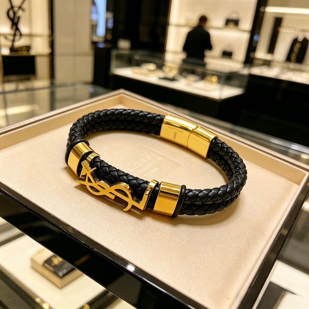 Saint Laurent Black Leather Gold-Tone Monogram Bracelet - album image 1
