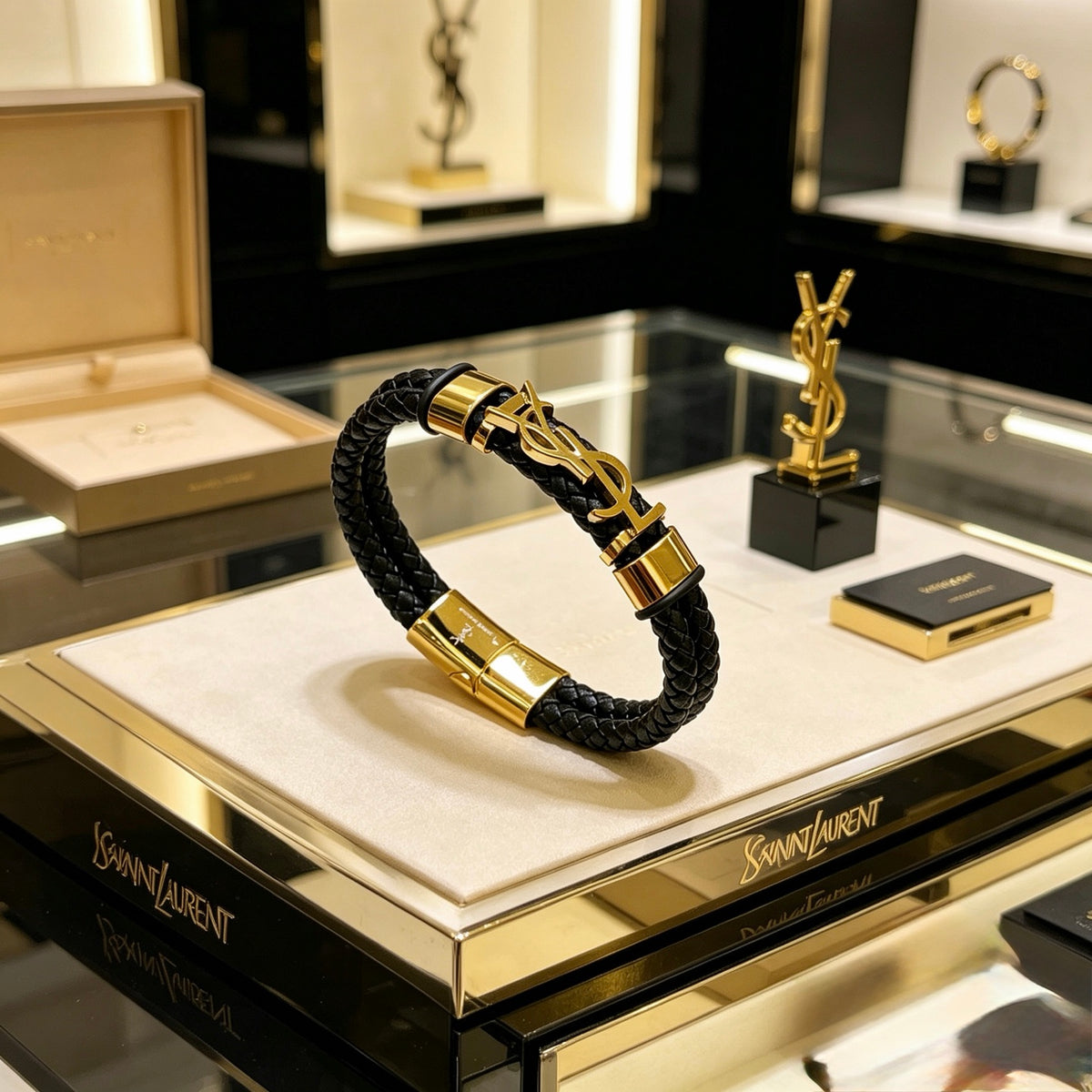 Saint Laurent Black Leather Gold-Tone Monogram Bracelet - album image 2