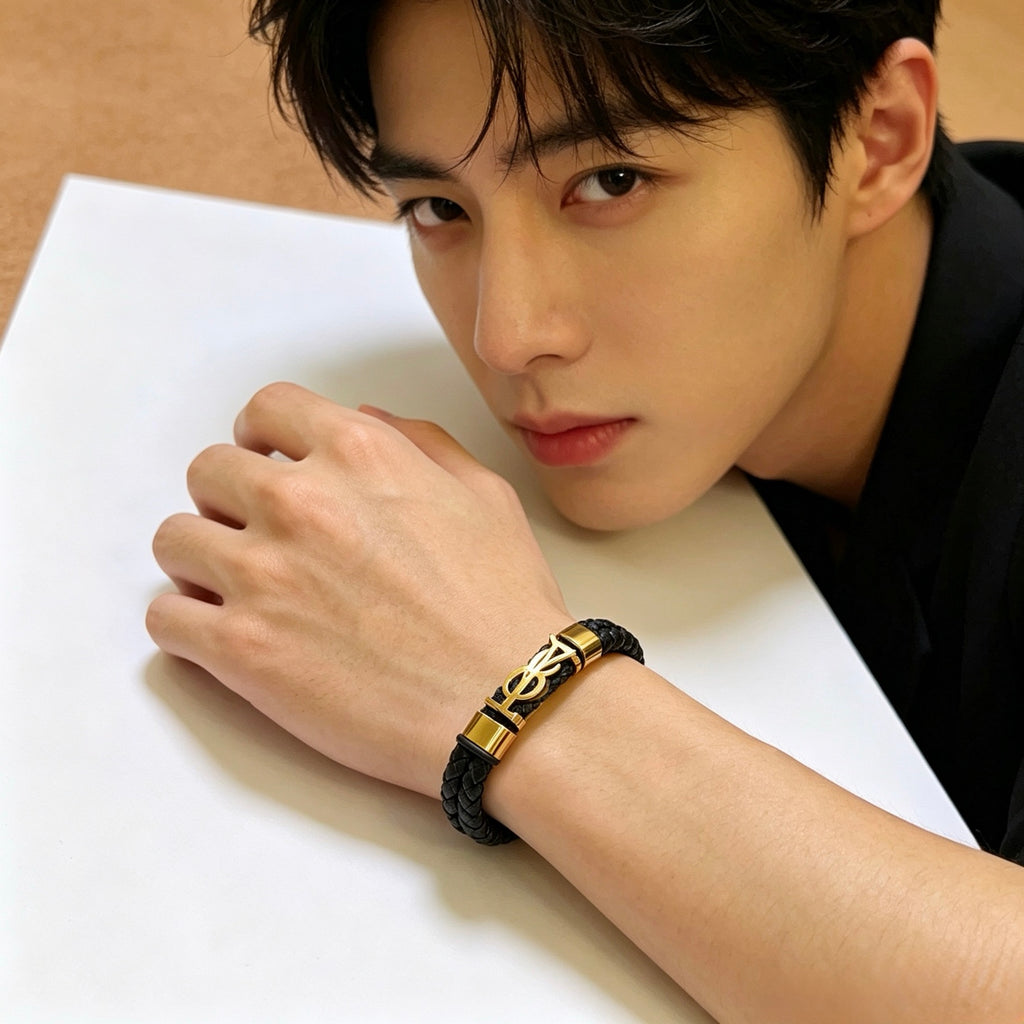 Saint Laurent Black Leather Gold-Tone Monogram Bracelet - album image 8