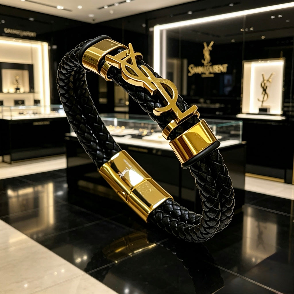 Saint Laurent Black Leather Gold-Tone Monogram Bracelet - album image 9