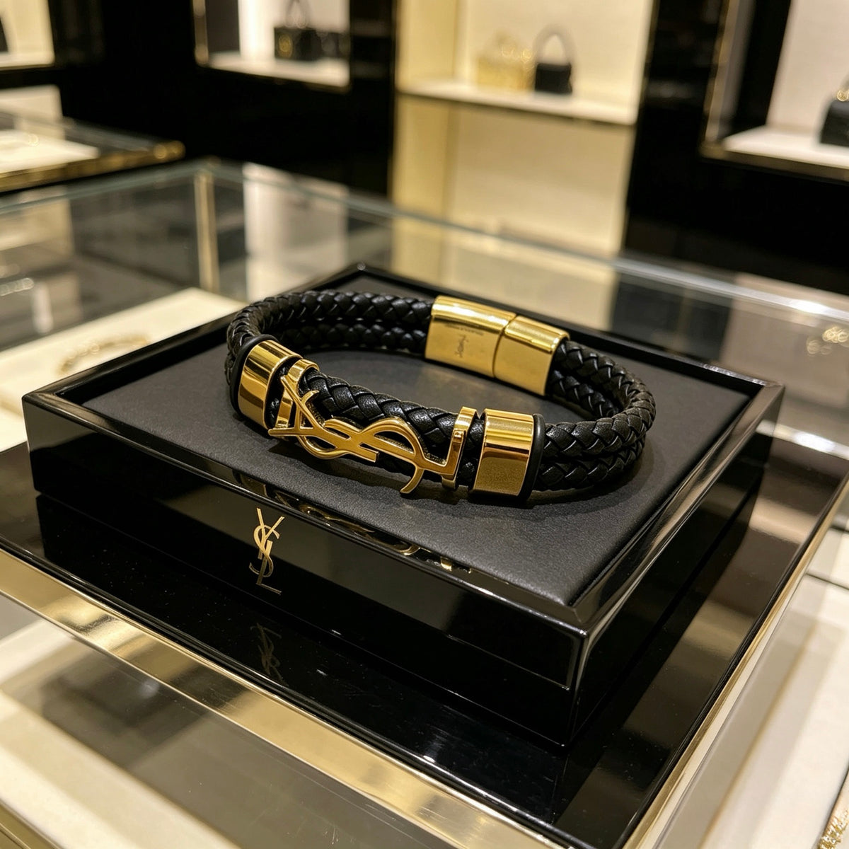Saint Laurent Black Leather Gold-Tone Monogram Bracelet - album image 4