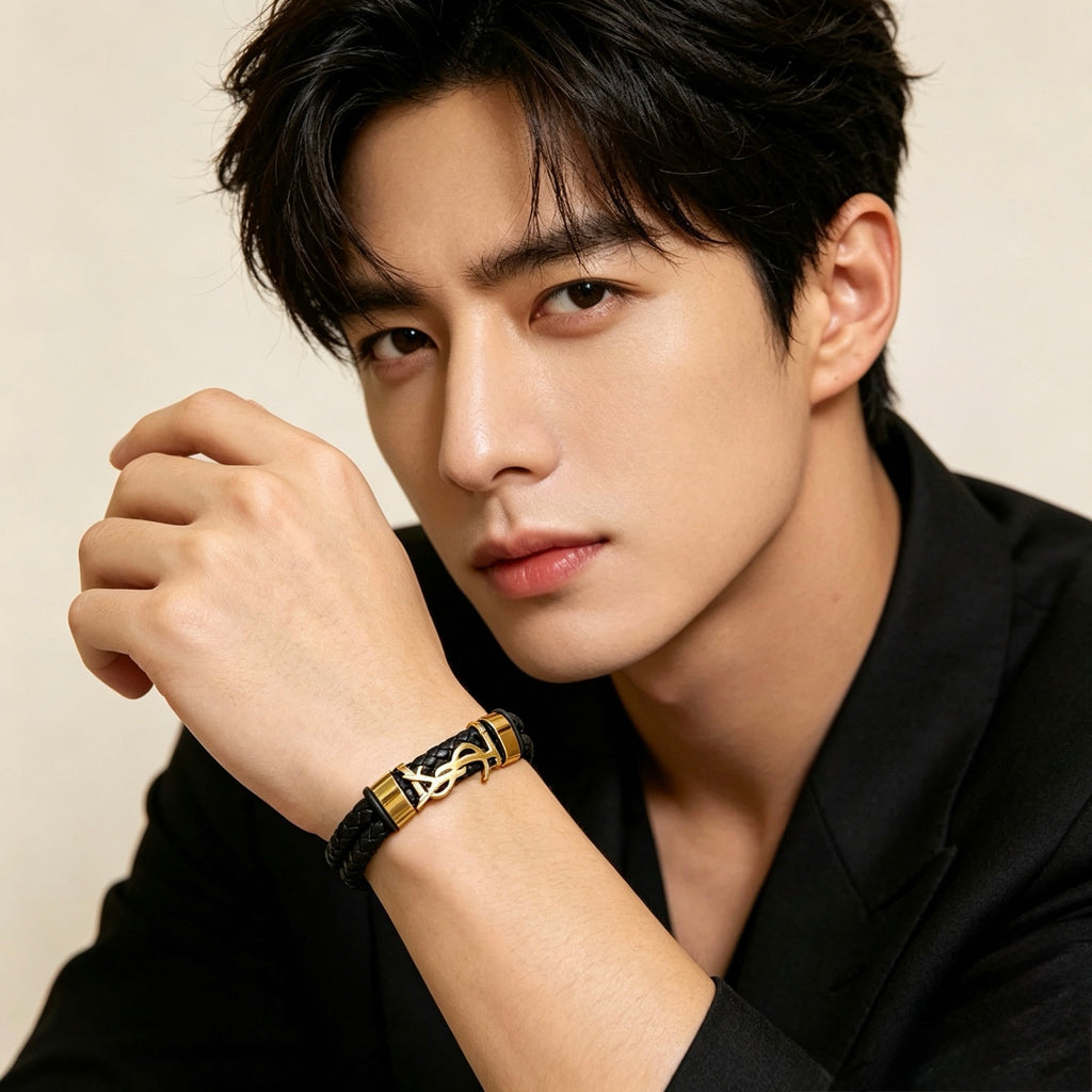 Saint Laurent Black Leather Gold-Tone Monogram Bracelet - album image 6