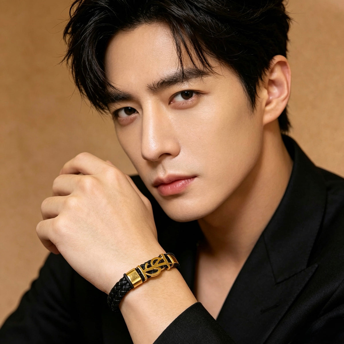 Saint Laurent Black Leather Gold-Tone Monogram Bracelet - album image 3
