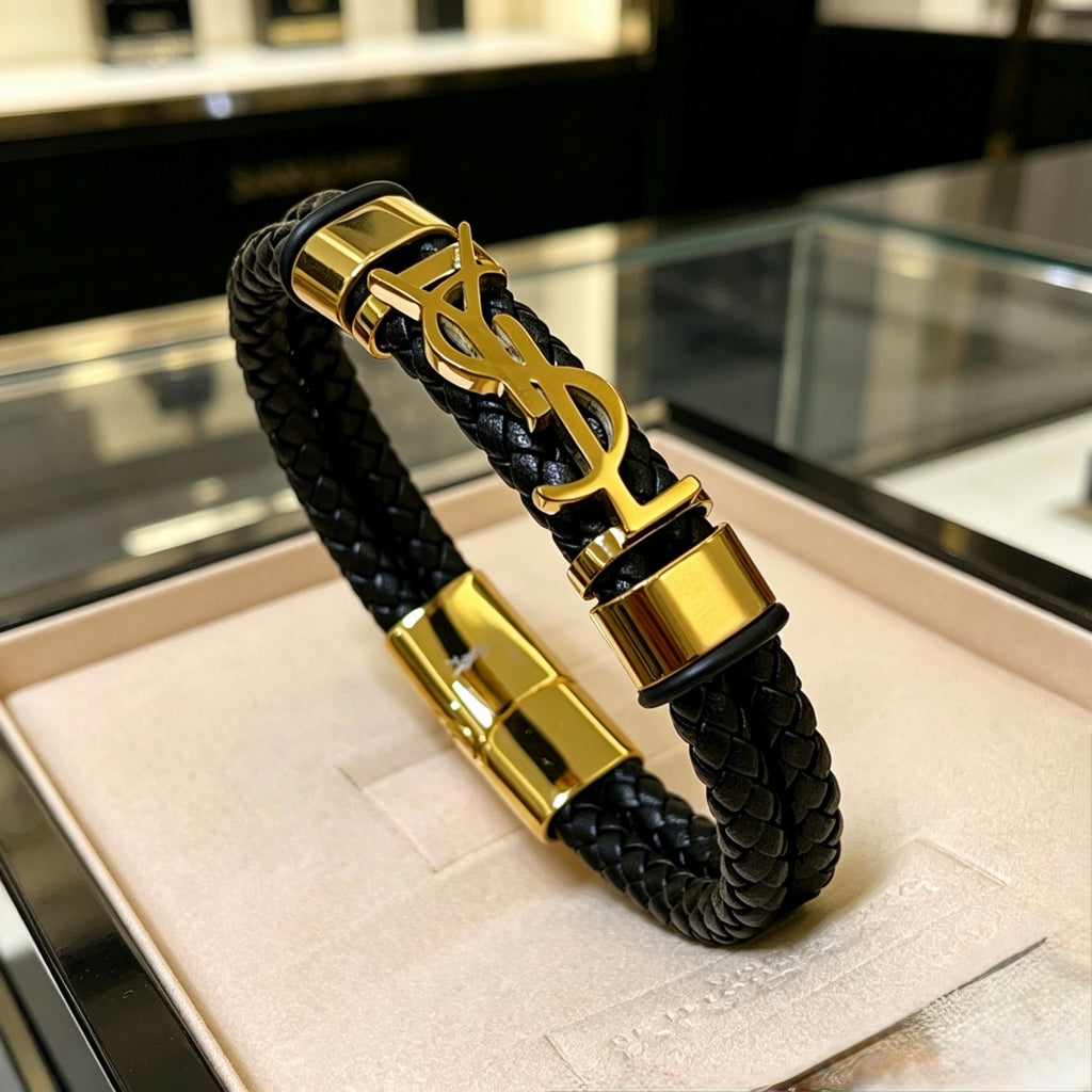 Saint Laurent Black Leather Gold-Tone Monogram Bracelet - album image 7