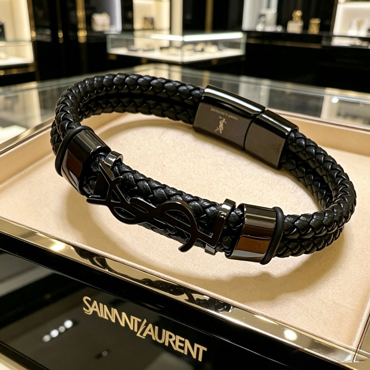 Saint Laurent Black Leather Dark Metal Monogram Bracelet - album image 8