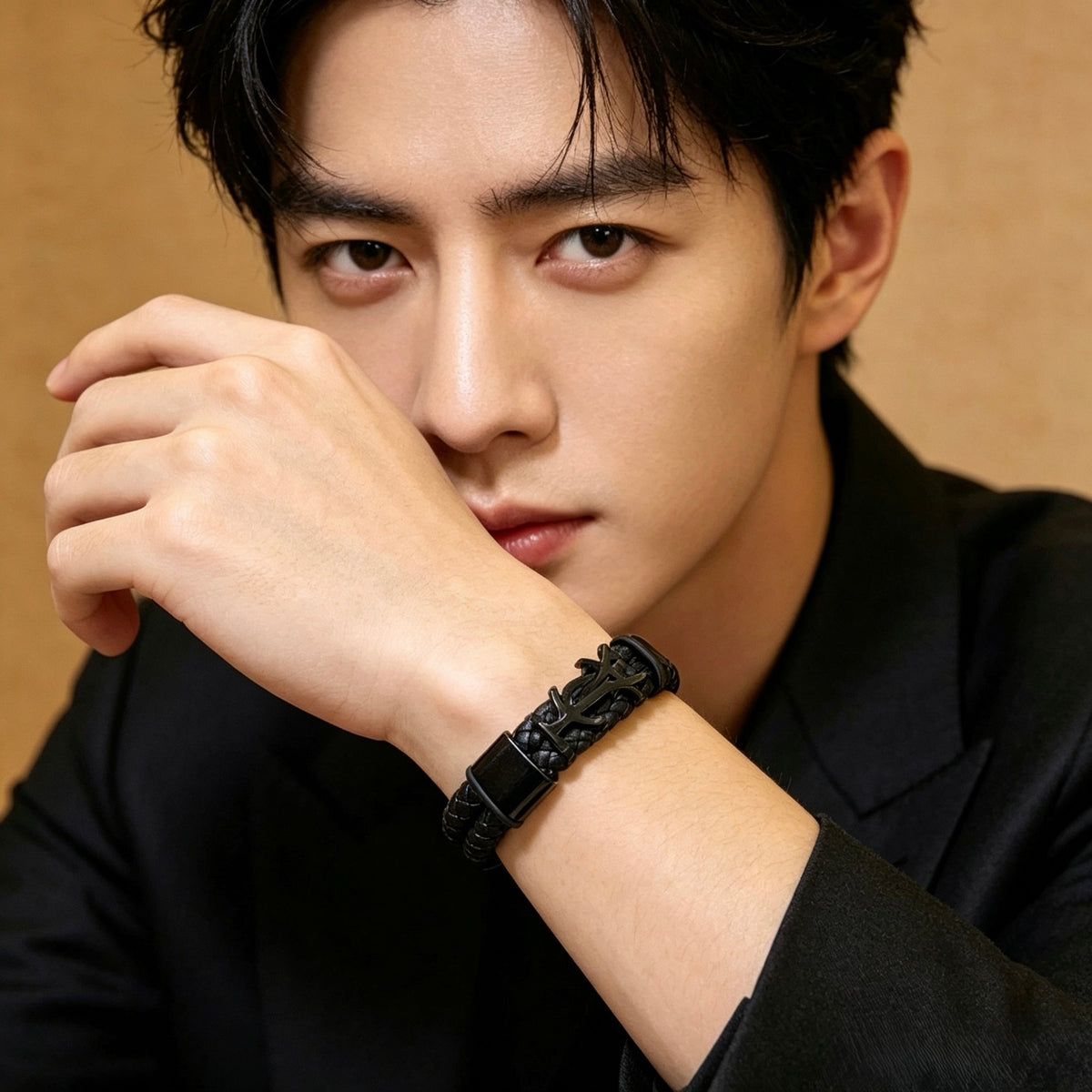 Saint Laurent Black Leather Dark Metal Monogram Bracelet - album image 6