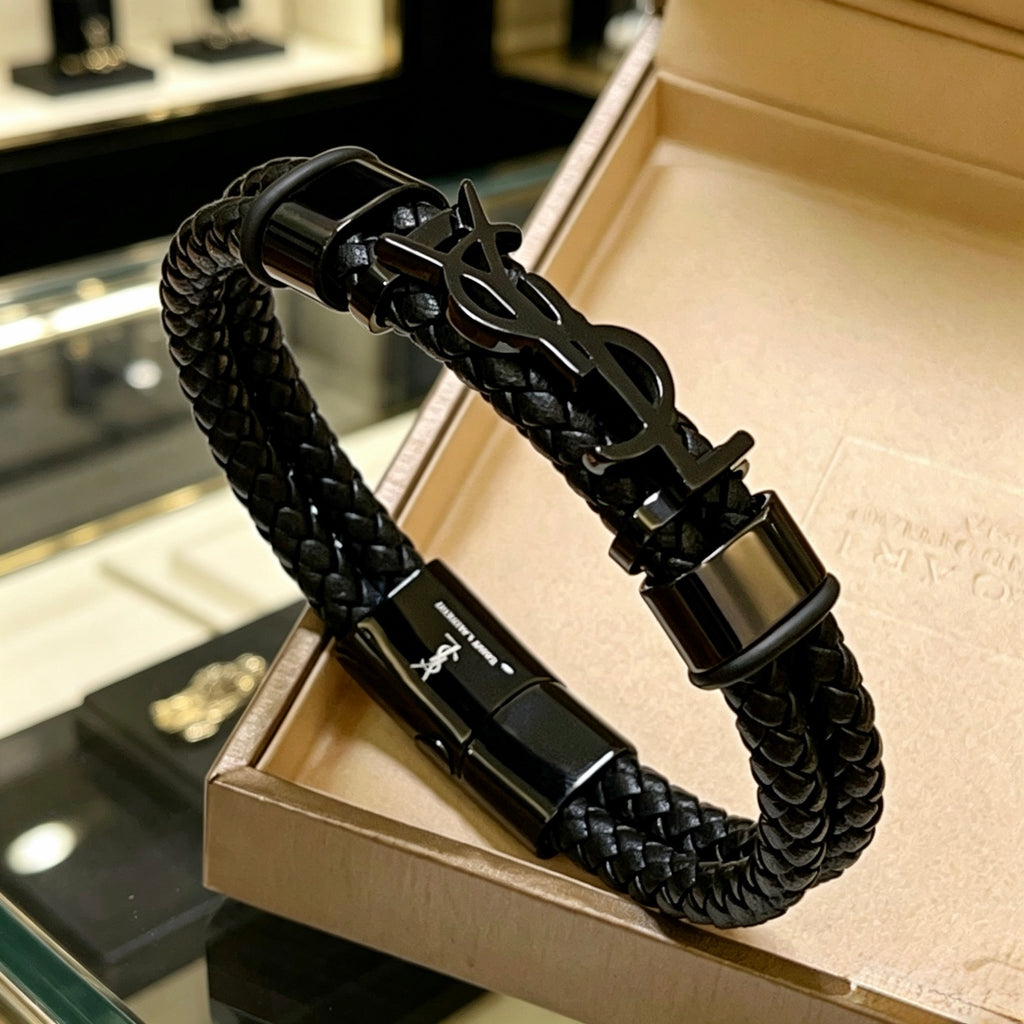 Saint Laurent Black Leather Dark Metal Monogram Bracelet - album image 2