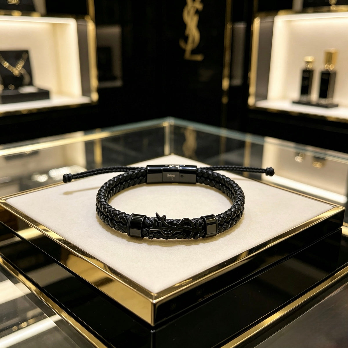 Saint Laurent Black Leather Dark Metal Monogram Bracelet - album image 7