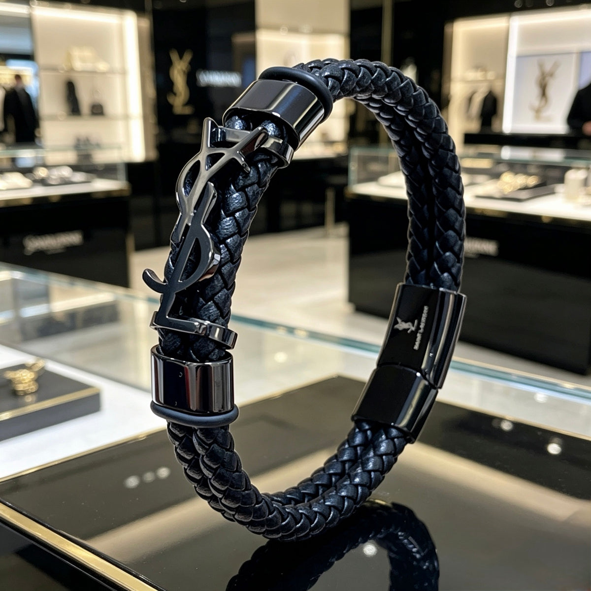 Saint Laurent Black Leather Dark Metal Monogram Bracelet - album image 5